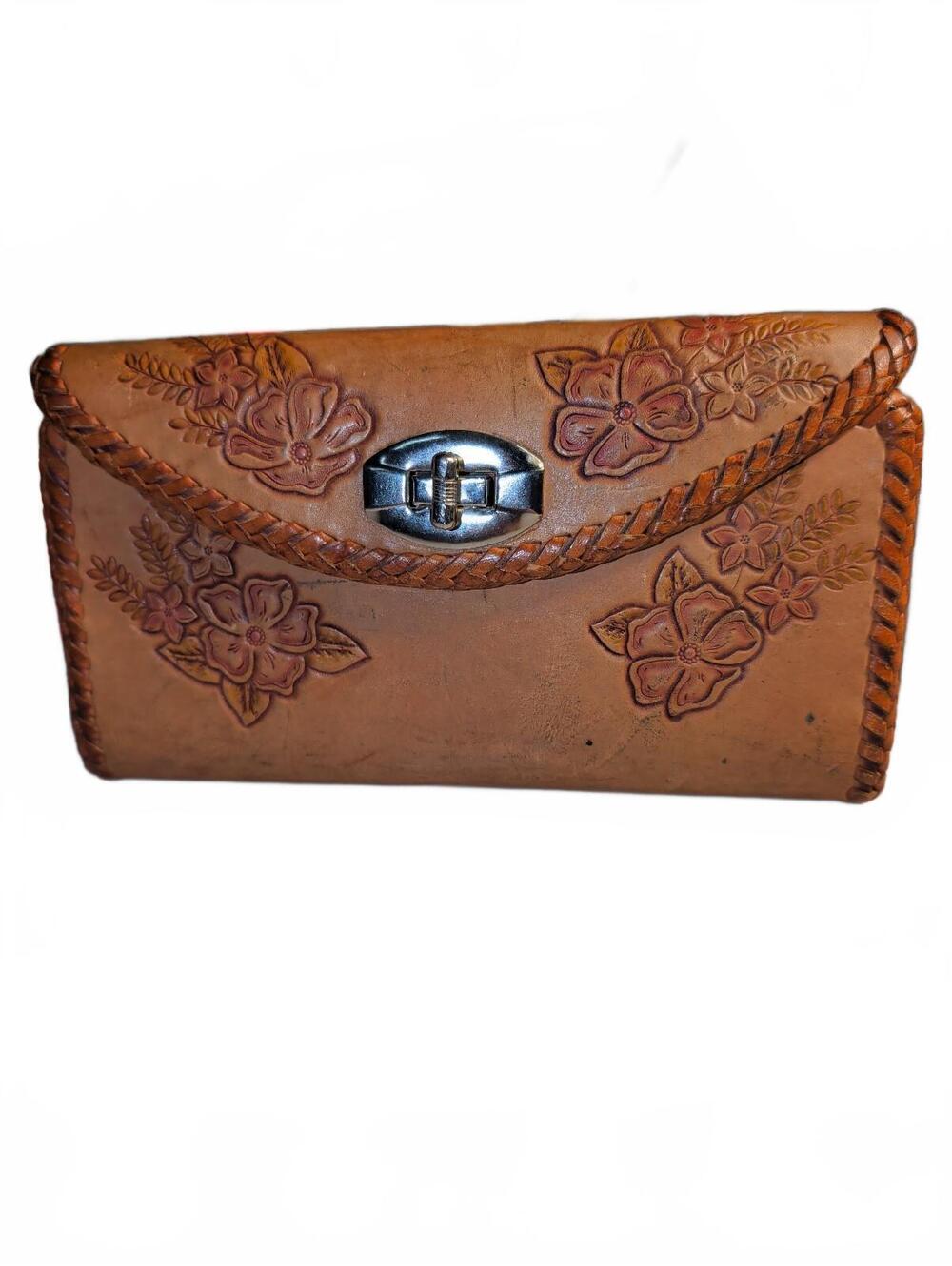 Vintage Hand Tooled Leather Wallet Floral Design Boho Fall Rosette Casual